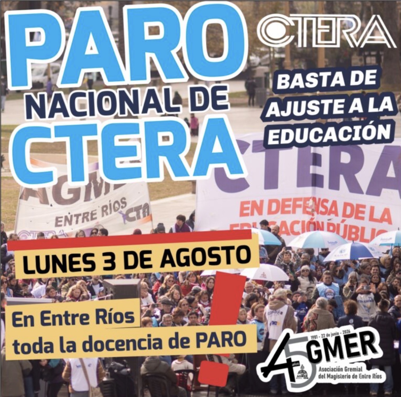 AGMER adhiere a la medida de fuerza convocada por CTERA
