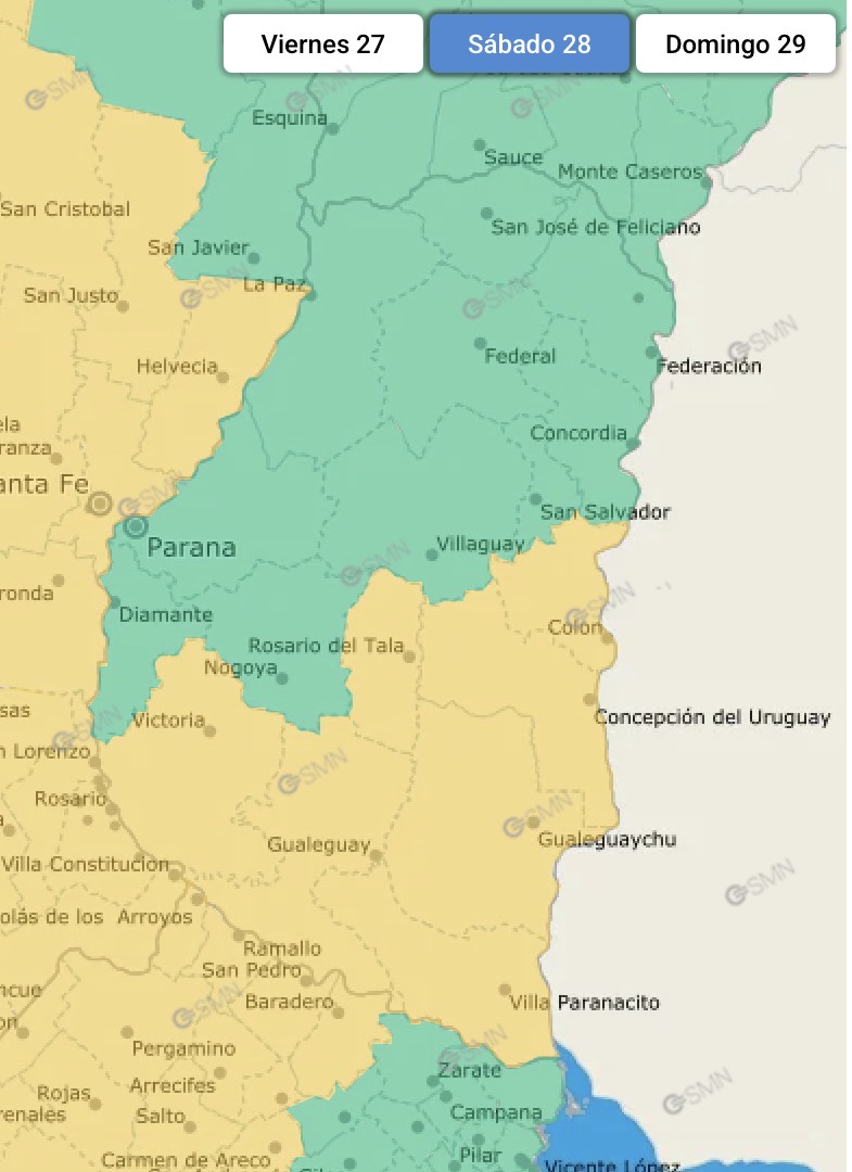 Alerta amarilla por tormentas en el Sur y Centro entrerriano