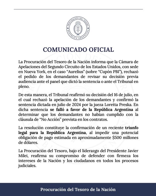La Justicia de EE.UU. rechazó nuevo pedido de los fondos por el caso "Cupón PBI"