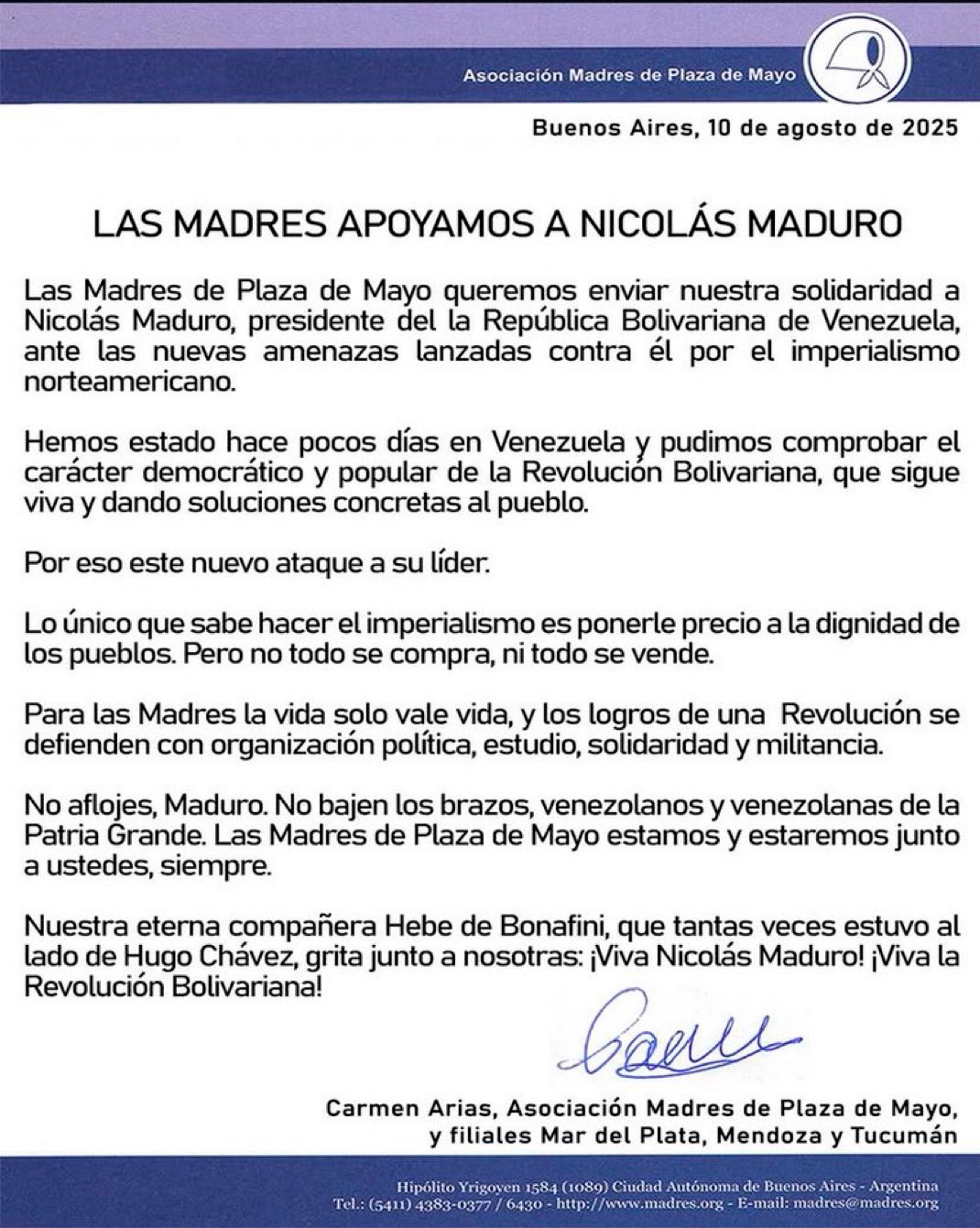 Madres de la Plaza de Mayo trasmitieron su apoyo Nicolás Maduro