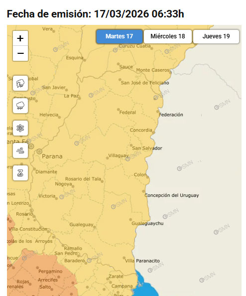 El SMN ratificó la vigencia de la Alerta amarilla por tormentas en Entre Ríos