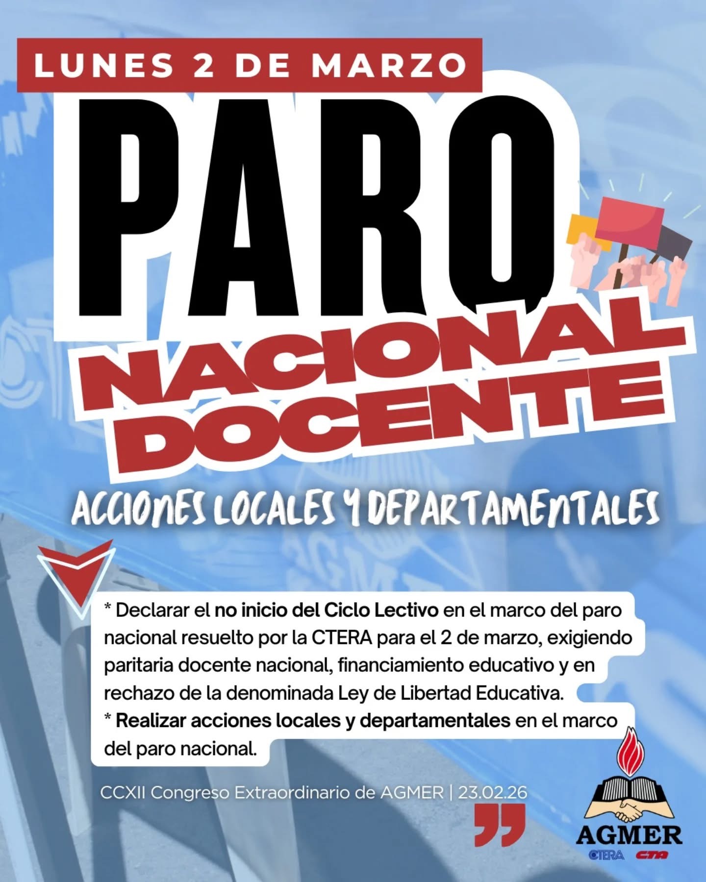AGMER confirmó el no inicio del ciclo lectivo y adhiere al paro nacional docente